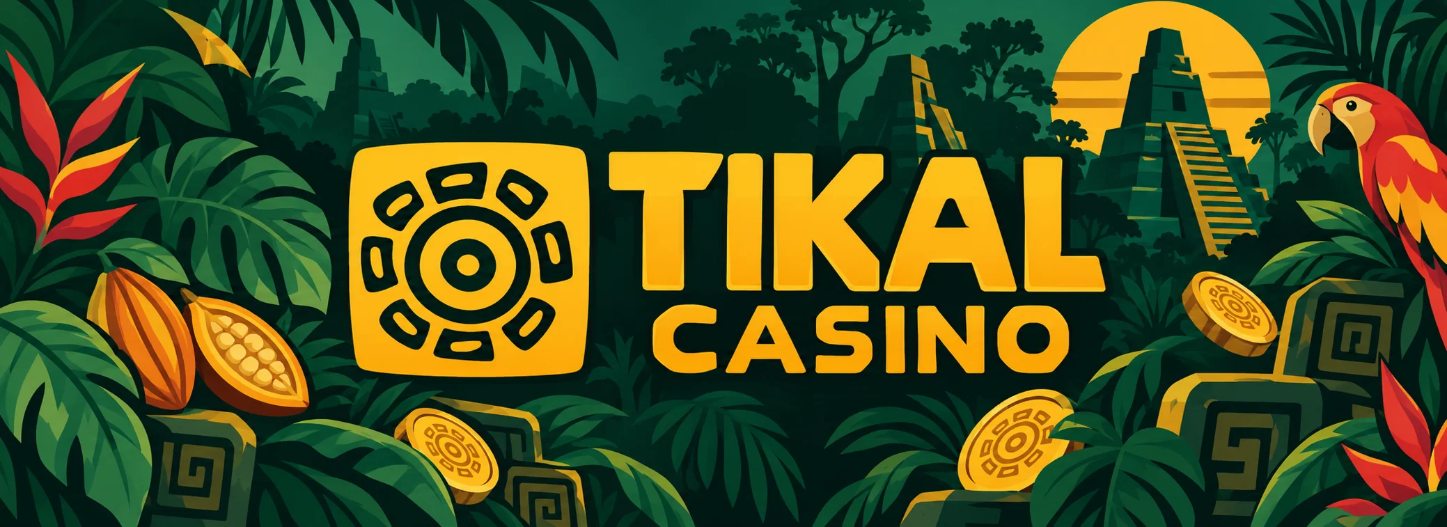Tikal Casino Startbanner mit Maya-Sonnenglyph, Dschungelblättern und dem Bonus 300 Prozent bis 750 Euro